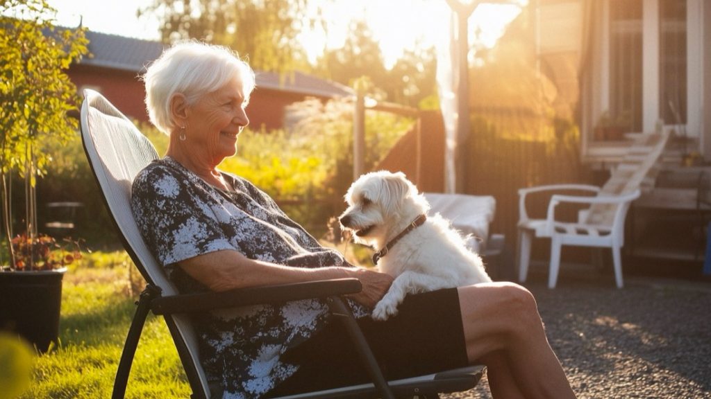 Kvinna i stol med en hund