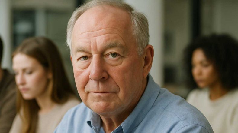 Senior man sitter med ett gäng yngre personer på ett jobb