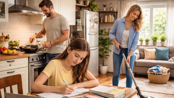 Familj, pappa lagar mat, mamma städar och dottern pluggar. Foto: Sora