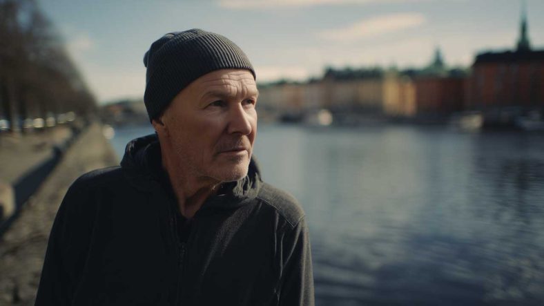 Man på promenad ser orolig ut och funderar över sin ekonomi. Foto: Midjourney