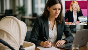 Kvinna jobbar samtidigt som hon har barnvagn bredvid. Infälld i bilden är Åsa Hansson är docent i nationalekonomi.