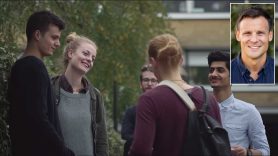 Bild på ungdomar som socialiserar och infälld bild på forskaren och nationalekonomen, Oscar Erixon