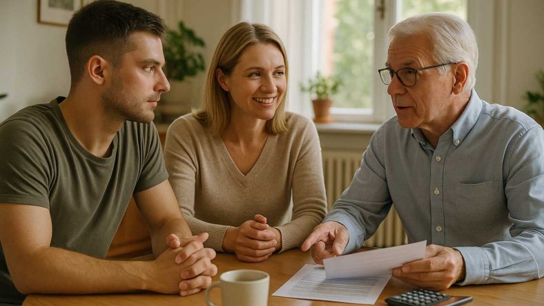Tre generationer sitter och diskuterar sin pension runt ett bord.