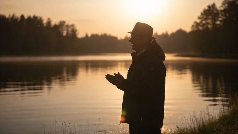 Senior man vid sjö i motljus.