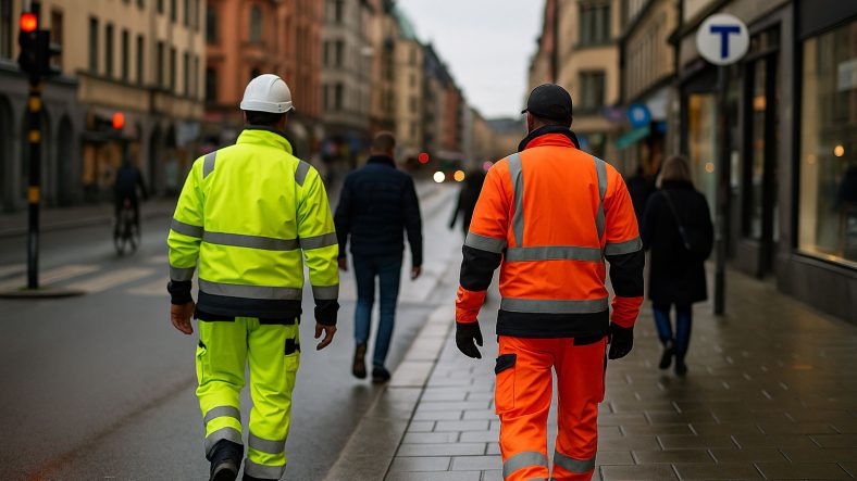 Arbetare som går på stan. Foto: Sora