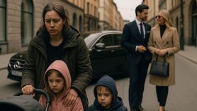 Bilden skildrar en ensamstående mamma med tre barn och två framgångsrika personer i bakgrunden