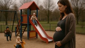 Grvid kvinna på en lekplats med tre barn.