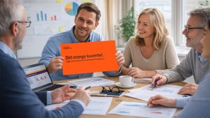 En grupp män och kvinnor sitter och diskuterar orange kuvertet