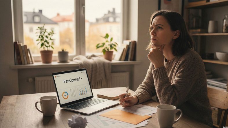Kvinna sitter och funderar på sin apensionsval. Foto skapat i Gemini