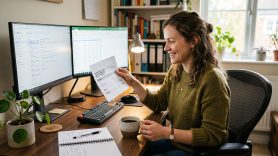Kvinna sitter framför datorn och kollar sin lönespec. Foto: Artlist