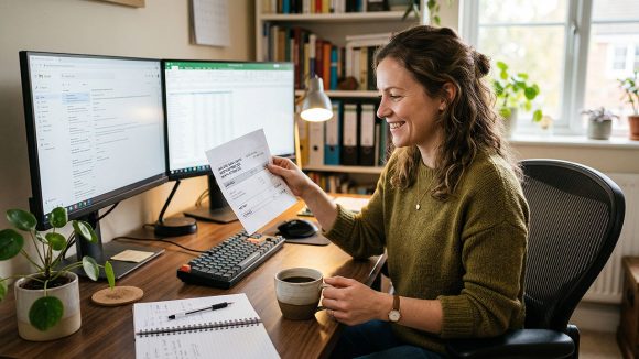 Kvinna sitter framför datorn och kollar sin lönespec. Foto: Artlist
