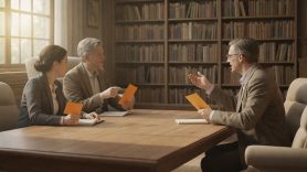 Tre personer sitter och diskuterar orangekuvert. Bild gjord i Gemini