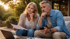 Ett par sitter på sitt trädäck och funderar på pensionen. Foto: Sora