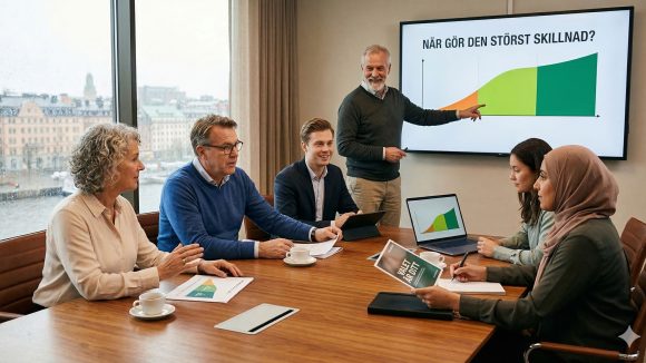 sex personer sitter i ett kontorsrum och kollar på en diskussion kring premipensionen. Foto: Gemini