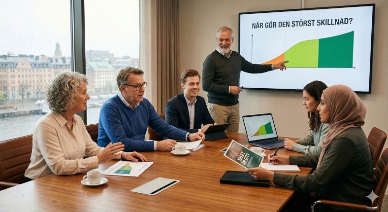 sex personer sitter i ett kontorsrum och kollar på en diskussion kring premipensionen. Foto: Gemini