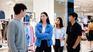 Bild på tre ungdomar som står och pratar utanför ett skyltfönster. Foto: Grok