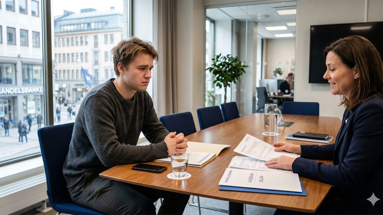 Ung kille i bankmöte. Foto Gemini