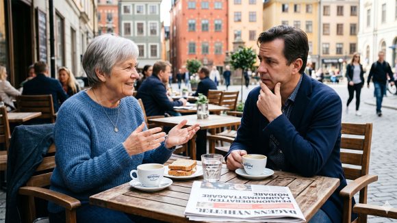 Två persomner samtalar över en kaffe