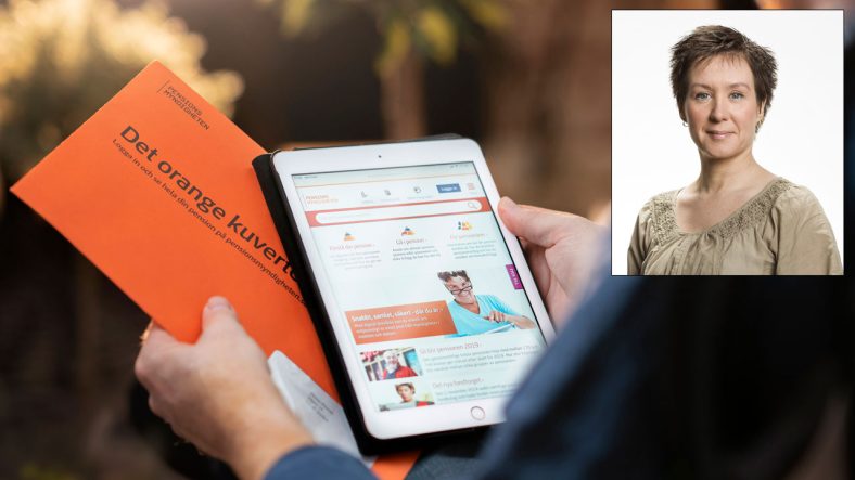 Bild på kuvert från pensionsmyndigheten samt Agneta Claesson, pensionsspecialist på pensionsmyndigheten.