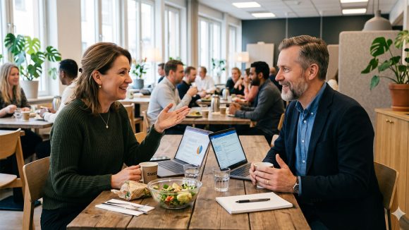 Två personer konverserar i lunchrum på jobbet