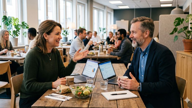 Två personer konverserar i lunchrum på jobbet