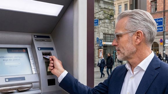 Äldre man tar ut pengar från bankomat. Foto: Gemini