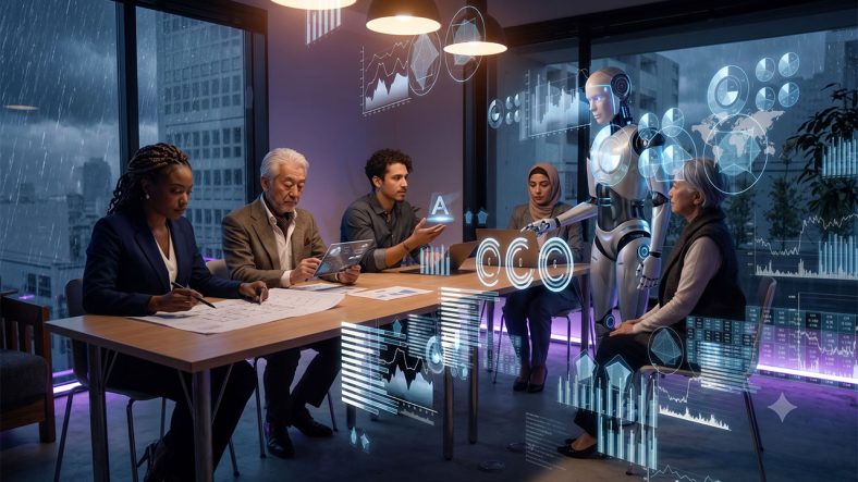 äldre och yngre på ett kontor i AI-miljö med en robot.