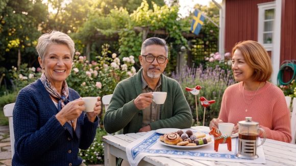 Tre seniorer sitter och fikar