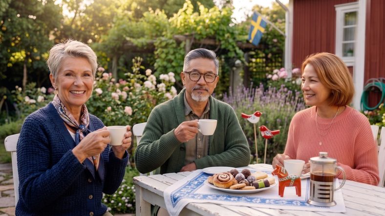 Tre seniorer sitter och fikar