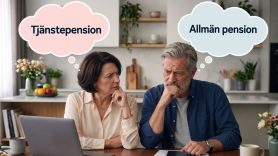 Seniorer sitter vid köksbord och diskuterar sin pension.