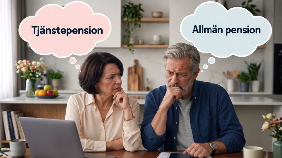 Seniorer sitter vid köksbord och diskuterar sin pension.