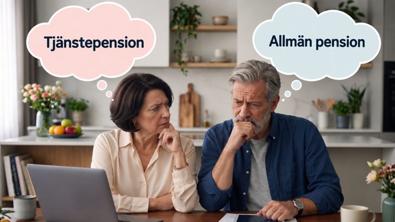 Seniorer sitter vid köksbord och diskuterar sin pension.