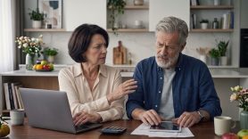 Seniorer sitter vid köksbord och diskuterar sin pension.