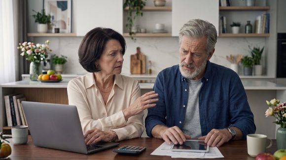 Seniorer sitter vid köksbord och diskuterar sin pension.